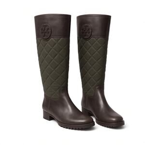Tory Burch Rowan Quilted Riding Boots Green Brown Leather Logo Medallion Sz 6M